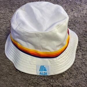 ALDI White Bucket Hat with Rainbow Stripe